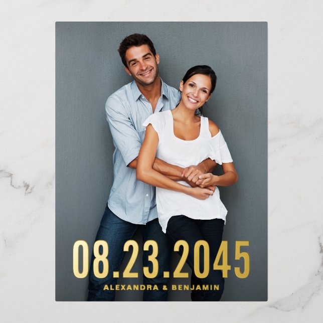 Simple Date Typography Save the Date Photo Foil Invitation Postcard (Front)