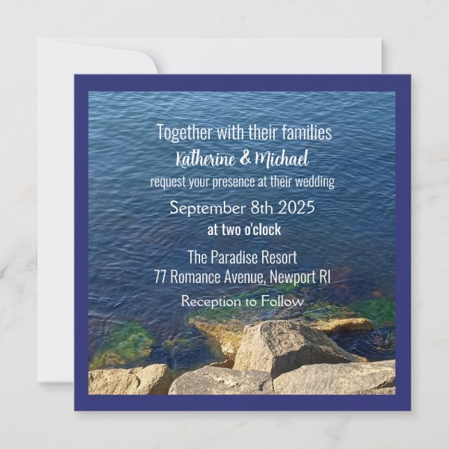 Simple Deep Blue Ocean Photo Modern Wedding Invitation (Front)