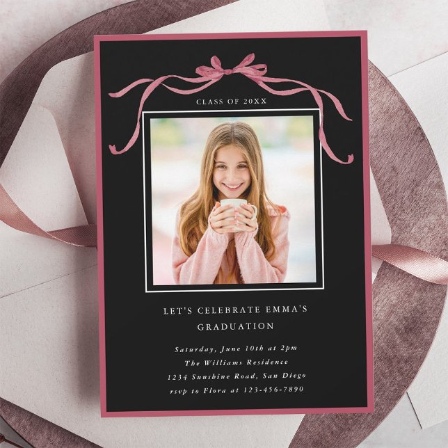 Simple Deep Blush Bow Graduation Party Photo Black Invitation (Creator Uploaded)