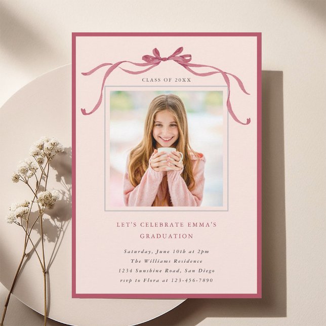 Simple Deep Blush Bow Graduation Party Photo Pink Invitation (Creator Uploaded)