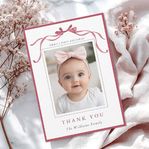 Simple Deep Blush Pink Bow Birthday Photo  Thank You Card