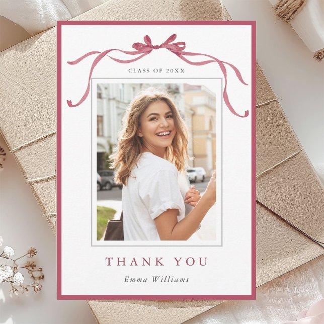 Simple Deep Blush Ribbon Bow Graduation Photo Thank You Card (Creator Uploaded)