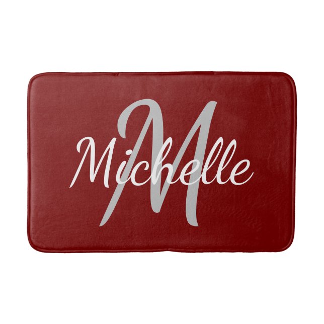 Simple deep red Bold Typography & Name Monogram Bath Mat (Front)