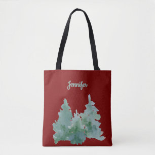 Simple Deep Red & Green Named Christmas Tree Tote Bag