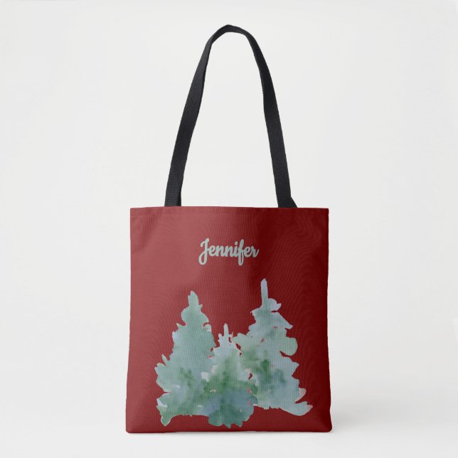 Simple Deep Red & Green Named Christmas Tree   Tote Bag (Front)