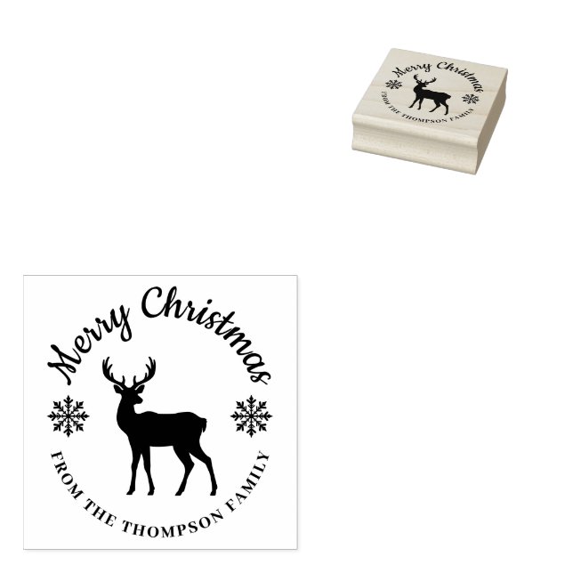 Simple Deer And Snowflakes Custom Name Christmas Rubber Stamp (Stamped)
