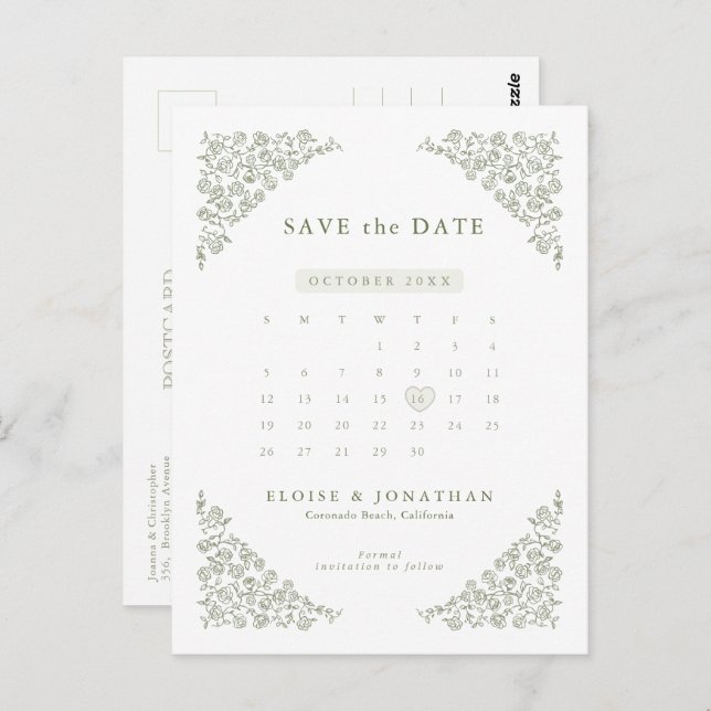 Simple Delicate Floral Calendar  Save the Date     Postcard (Front/Back)