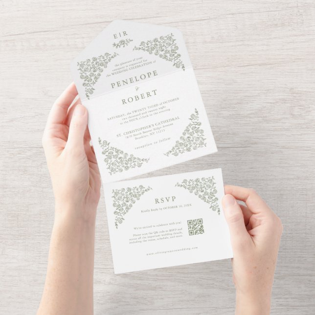 Simple Delicate Floral QR Code Sage Green Wedding All In One Invitation (Tearaway)