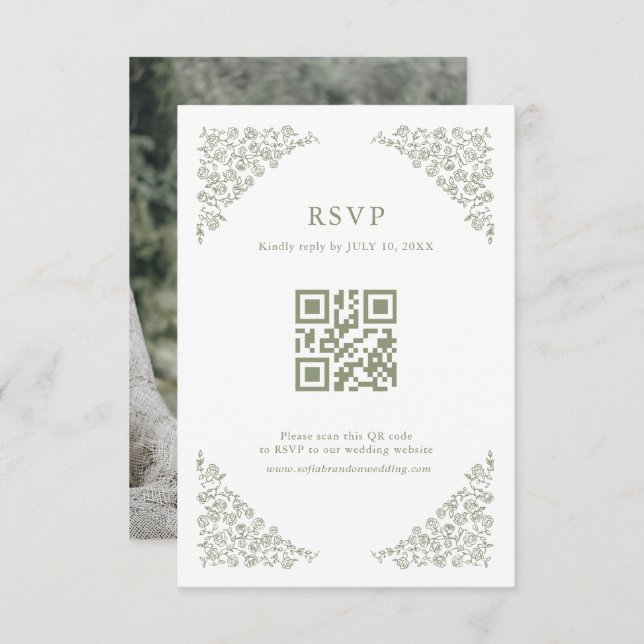 Simple Delicate Floral  Sage Green QR Code Photo RSVP Card (Front/Back)