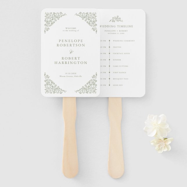 Simple Delicate Floral Sage Green Wedding Timeline Hand Fan (Front and Back)