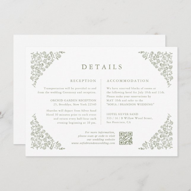 Simple Delicate Floral Timeless Sage Green Details Enclosure Card (Front/Back)
