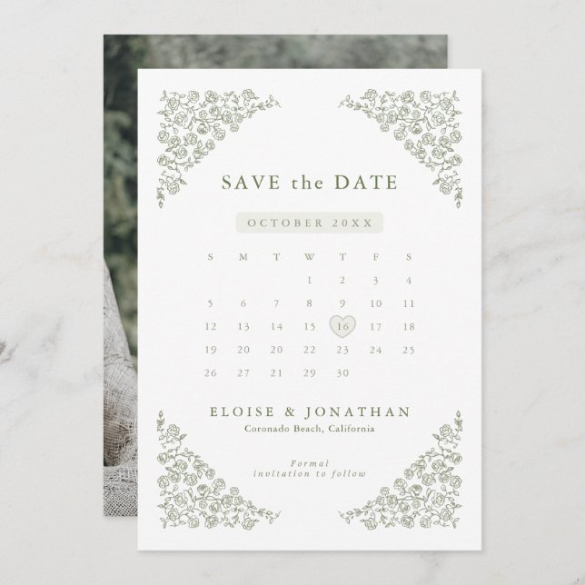 Simple Delicate Floral Timeless Sage Green  Photo Save The Date (Front/Back)