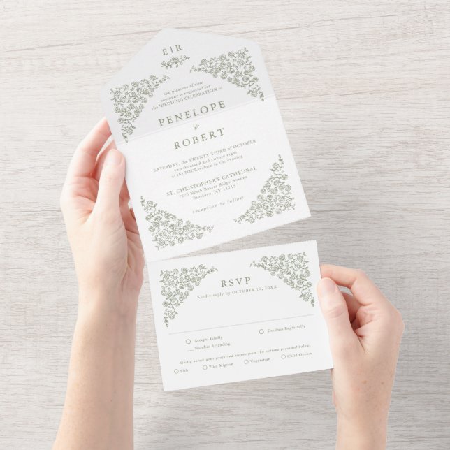 Simple Delicate Floral Timeless Sage Green Wedding All In One Invitation (Tearaway)