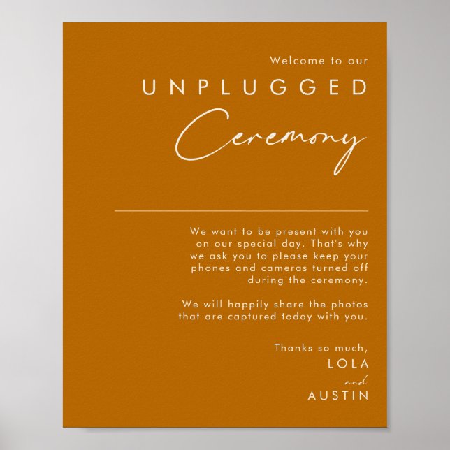 Simple Desert Burnt Orange Unplugged Ceremony Sign (Front)