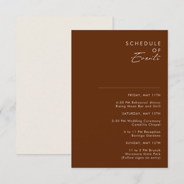 Simple Desert | Dark Cinnamon Schedule of Events Enclosure Card (Front/Back)