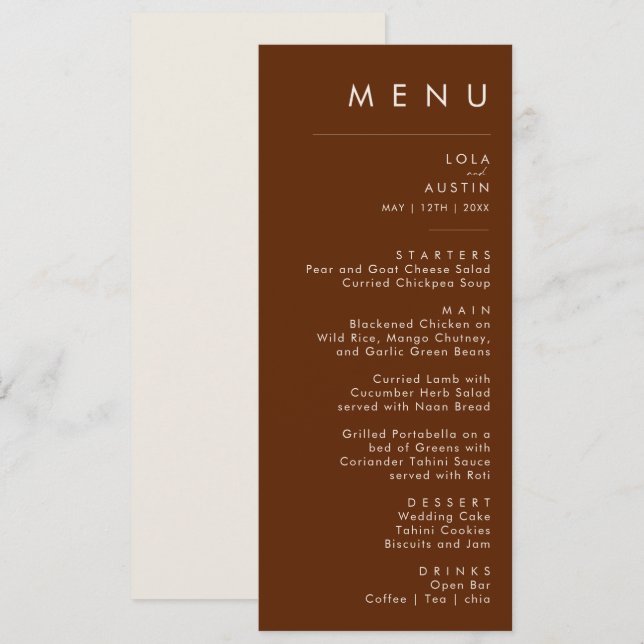 Simple Desert | Dark Cinnamon Wedding Dinner Menu (Front/Back)