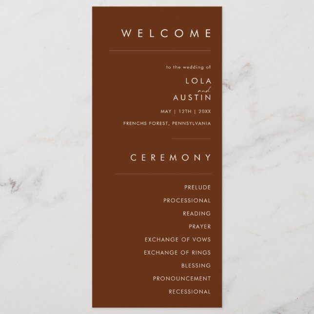 Simple Desert | Dark Cinnamon Wedding Program (Front)