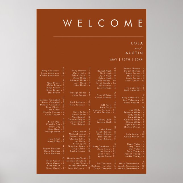 Simple Desert | Terracotta Alphabetical Seating Poster (Front)
