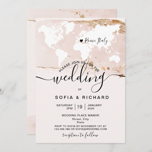 Simple Destination Wedding World Map Watercolor In Invitation (Front/Back)