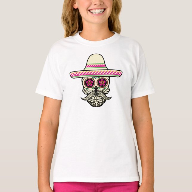 Simple Dia de Muertos Skull with Hat Crew Shirt (Front)