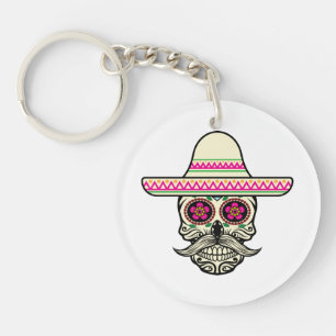 Simple Dia de Muertos Skull with Hat   Keychain