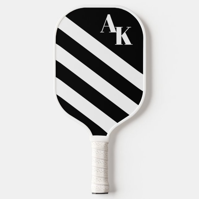 Simple Diagonal Stripes Initials Black and White Pickleball Paddle (Front)
