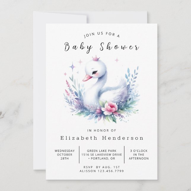 Simple Digital Swan Baby Shower Invitation (Front)