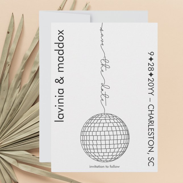 Simple Disco Ball Black and White QR Code Wedding Save The Date (Disco with a simple touch with a hand drawn feel in black and white)