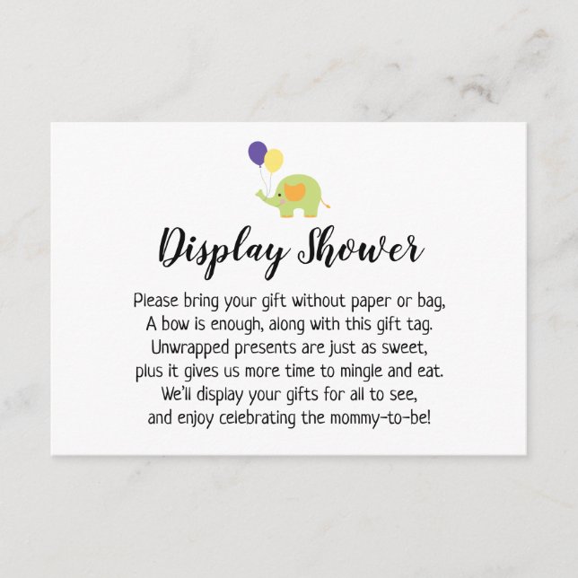 Simple Display Baby Shower Insert with Elephant (Front)