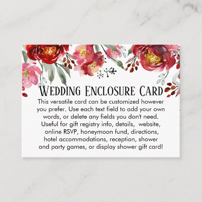 Simple DIY Custom Wedding Red & Pink Flowers Enclosure Card (Front)