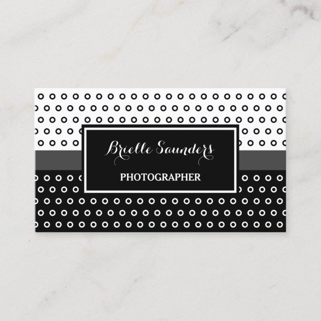 Simple Dots Black and White With Grey Stripe Business Card (Front)
