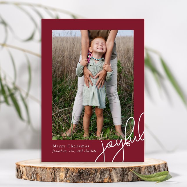 Simple Dots Burgundy Joyful Script Elegant Photo Holiday Card (Creator Uploaded)
