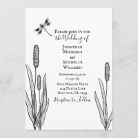 Simple Dragonfly and Cattails Black White Wedding