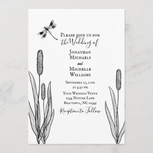 Simple Dragonfly and Cattails Black White Wedding Invitation