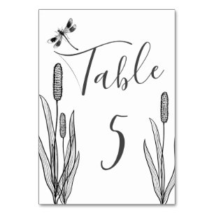 Simple Dragonfly and Cattails Black White Wedding Table Number