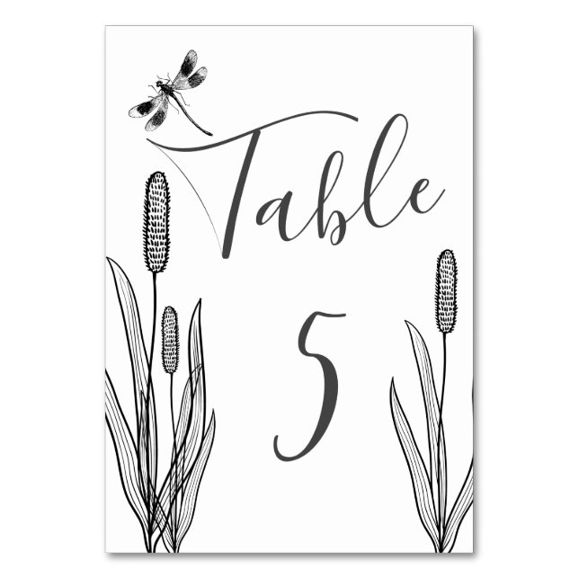 Simple Dragonfly and Cattails Black White Wedding Table Number (Front)