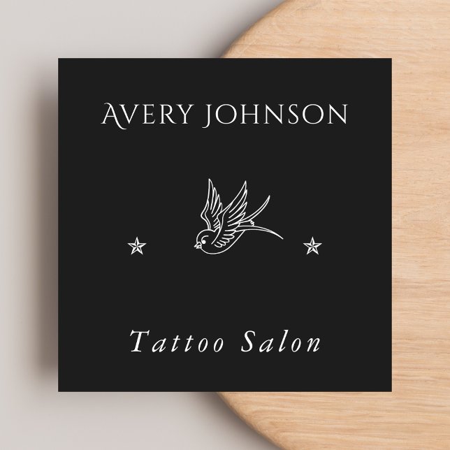 Simple Drawn Bird & Stars Tattoo Artist Salon Dark Square Business Card (Creator Uploaded)