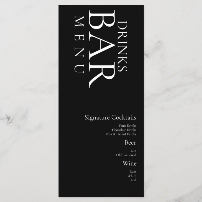 Simple Drinks Cocktail Wine Wedding  Black White M Menu (Front)