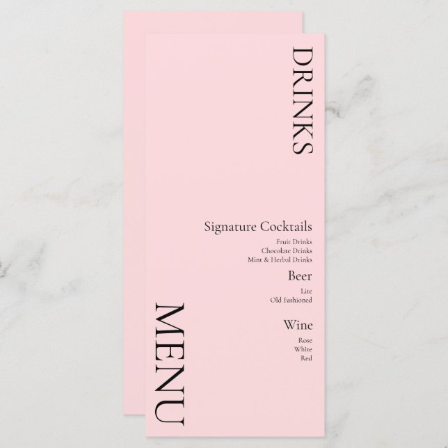 Simple Drinks Cocktail Wine Wedding  Pink Menu (Front/Back)