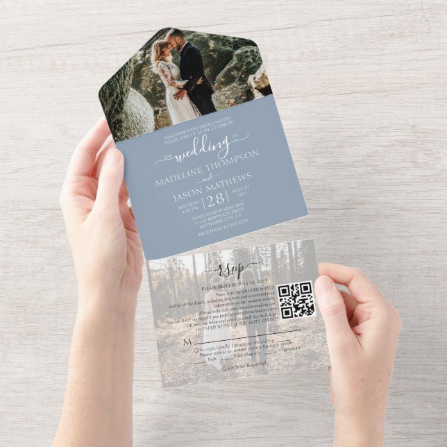 Simple Dusty Blue 2 Photo QR Code RSVP Wedding All In One Invitation (Tearaway)