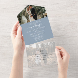Simple Dusty Blue 2 Photo RSVP Wedding All In One Invitation