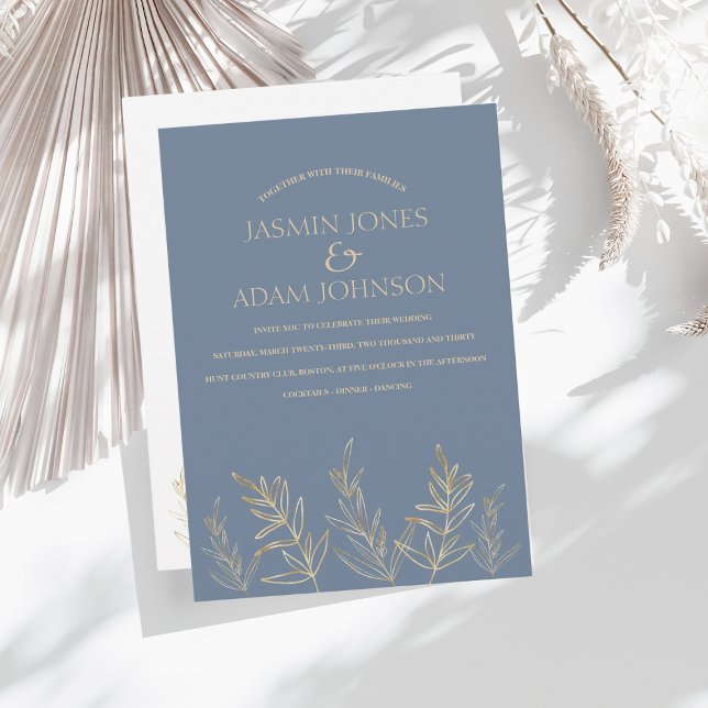 Simple Dusty Blue and Gold Leaves Wedding Invitation (Creator Uploaded)