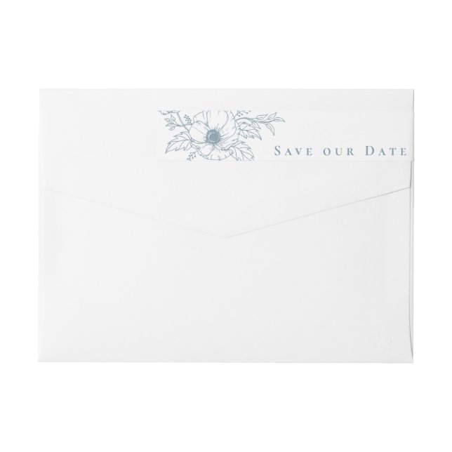 Simple Dusty Blue Anemone Art Floral Save the Date Wrap Around Label (Back)