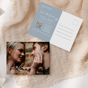 Simple Dusty Blue Boho Save the Date QR Code Photo Postcard
