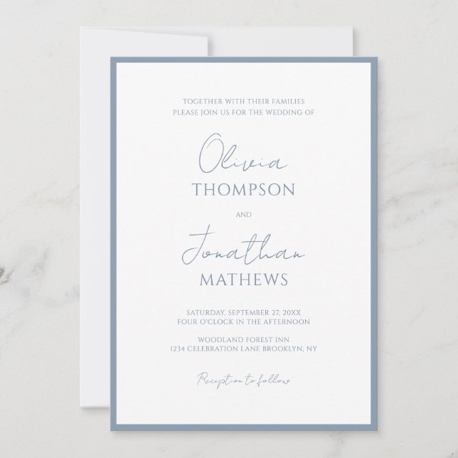 Simple Dusty Blue Border Script Wedding Invitation (Front)