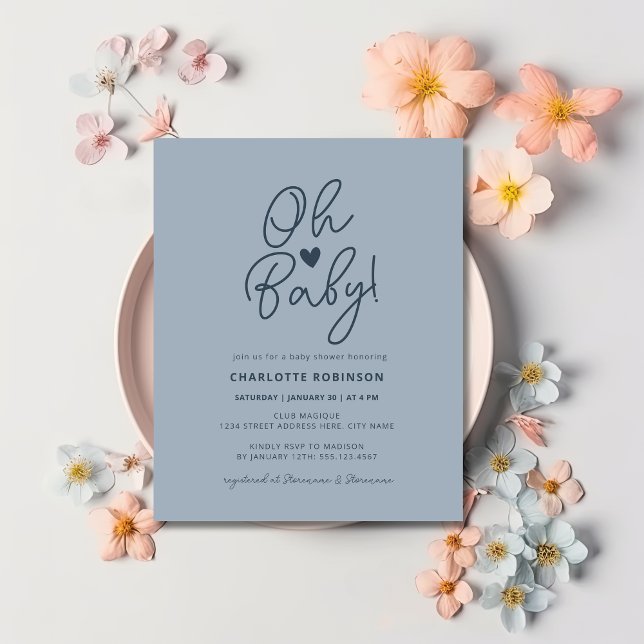 Simple Dusty Blue Budget Oh Baby Shower Invitation (Creator Uploaded)