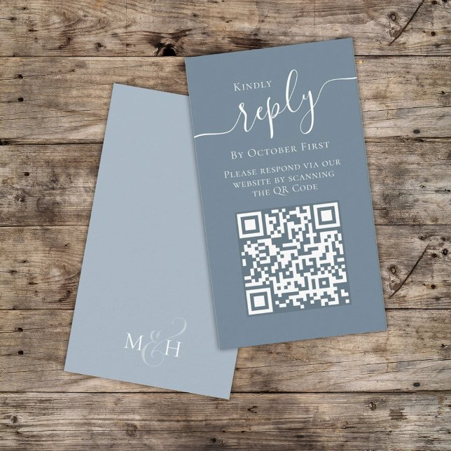 Simple Dusty Blue Calligraphy Reply QR Code Online Enclosure Card (Creator Uploaded)
