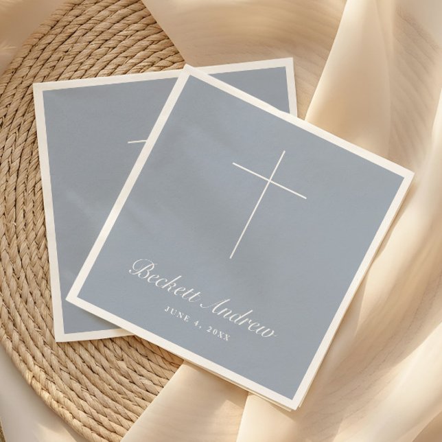 Simple Dusty Blue Cross Script Baptism Napkin (Simple Dusty Blue Cross Script Baptism, Christening or First Holy Communion Napkins.)