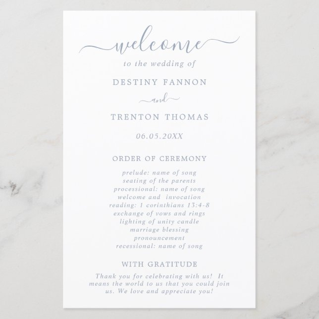 Simple Dusty Blue Elegant Wedding Program (Front)