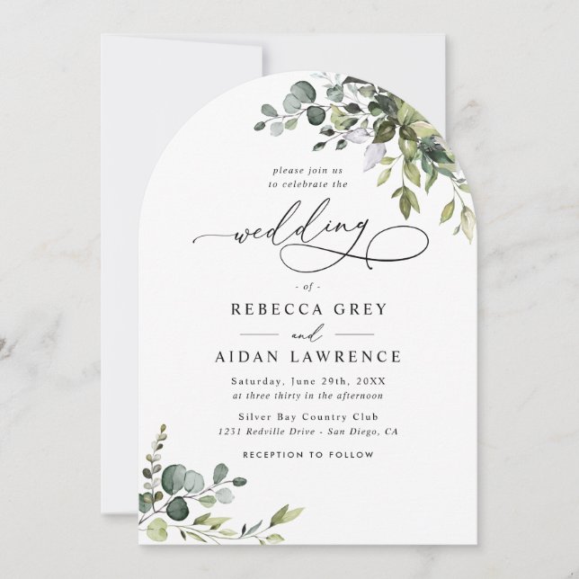 Simple Dusty Blue Eucalyptus Greenery Arch Wedding Invitation (Front)